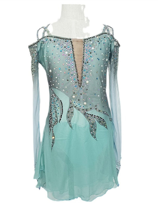 Figure Skating Dress Women's Girls' Dancewear Patchwork Thumbhole Mesh Spandex Stretchy Crystal/Rhinestone Skating Dress