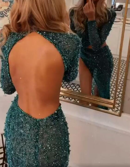 Blue Long Sleeves Sequins Mermaid Prom Dress With Split PD0624