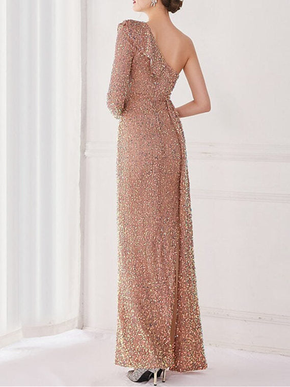 Mermaid/Trumpet  One Shoulder Floor-Length Evening Dresses with Sequin Slit