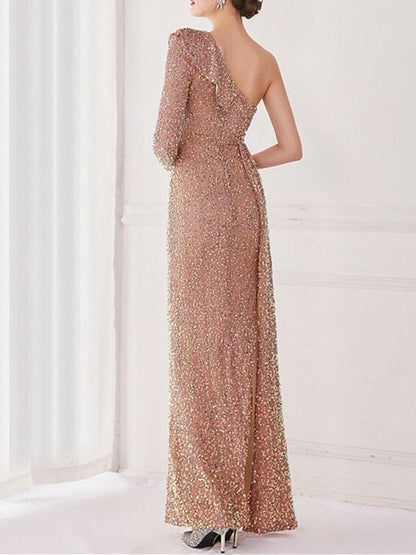 Mermaid/Trumpet  One Shoulder Floor-Length Evening Dresses with Sequin Slit