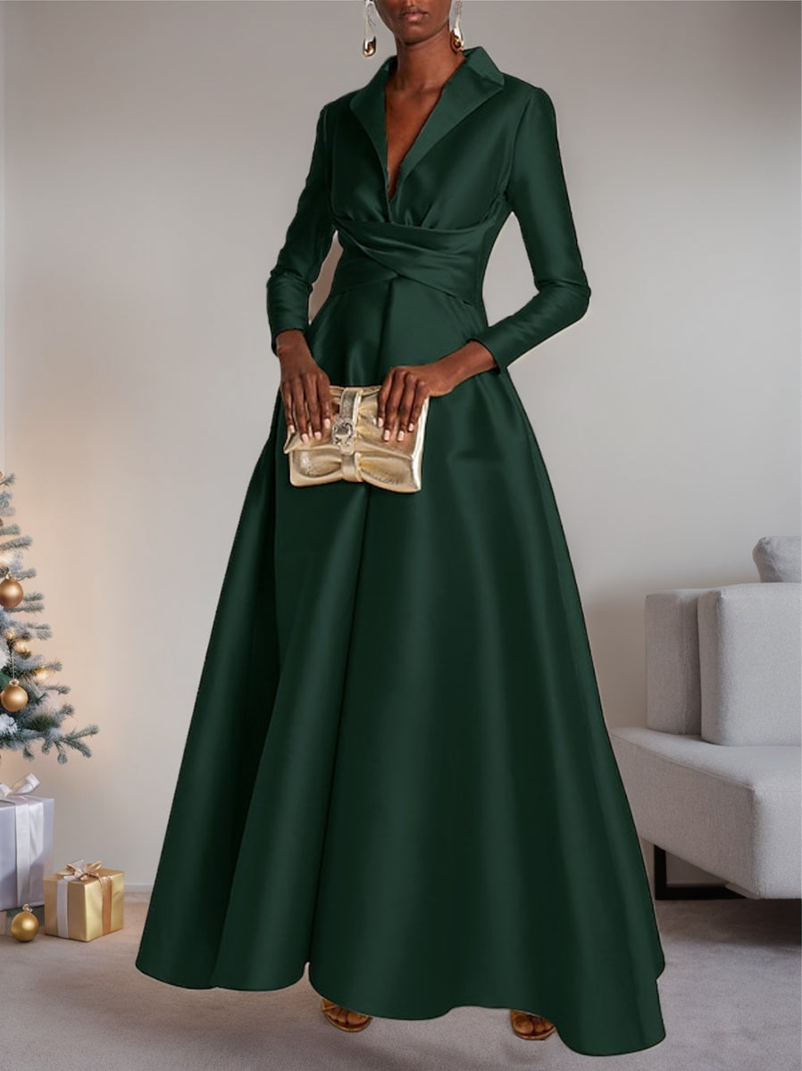 A-Line/Princess Long Sleeves V-Neck Floor-length Evening Dresses