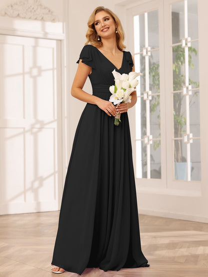 A-Line/Princess V-Neck Short Sleeves Long Bridesmaid Dresses with Ruffles