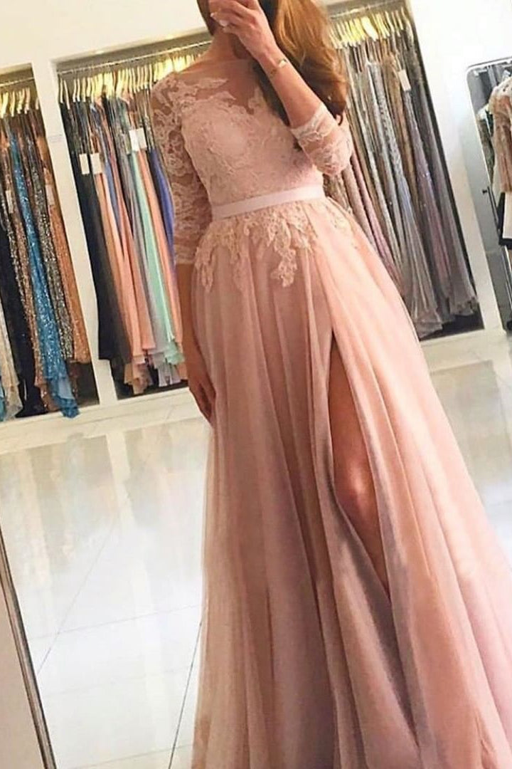 Long Sleeves A-Line Prom Dress Split With Lace PD0862