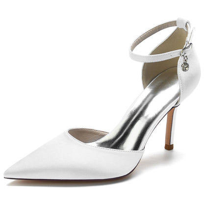 Women's Wedding Shoes Silk Satin Pointed Toe High Heel Buckle Minimalist Bridal Shoes