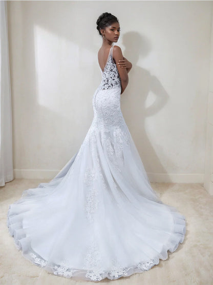 Trumpet/Mermaid V-Neck Sleeveless Wedding Dresses with Lace Appliques