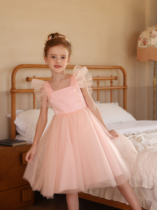 Ball-Gown Satin Tulle Square Neckline Sleeveless Tea-Length Flower Girl Dresses White Ruched