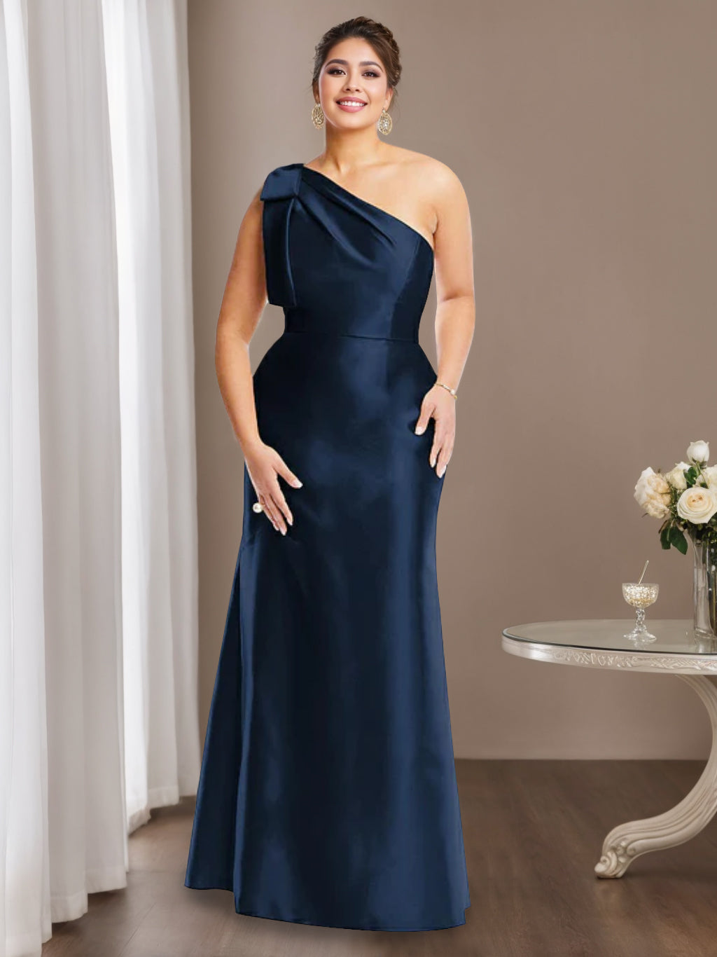 Sheath/Column One-Shoulder Sleeveless Satin Plus Size Mother of the Bride Dresses with Bowknot