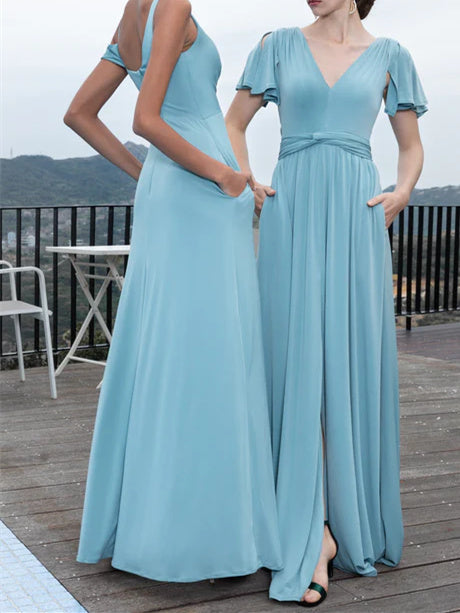 A-Line/Princess V-Neck Short Sleeves Floor-Length Chiffon Wedding Guest Dresses