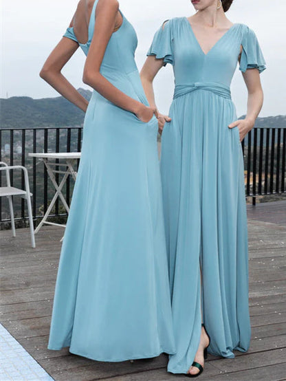 A-Line/Princess V-Neck Short Sleeves Floor-Length Chiffon Wedding Guest Dresses