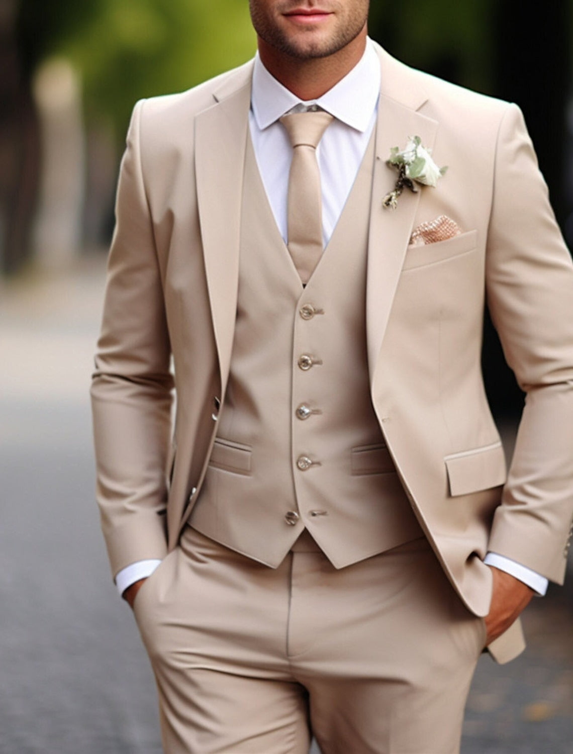 Men's Tailored Fit Single Breasted Two-buttons 3 Pieces Solid Colored Wedding Suits