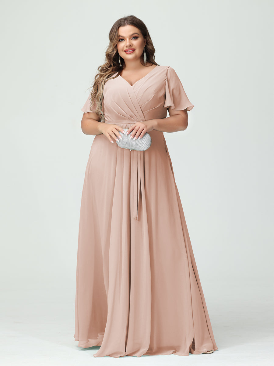 A-Line/Princess V-Neck Short Sleeves Plus Size Bridesmaid Dresses with Pockets Belt & Split Side