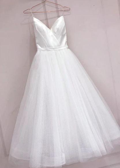 Simple White Tulle With Satin V-Neckline Tea Length Wedding Dress, Simple White Party Dress gh246