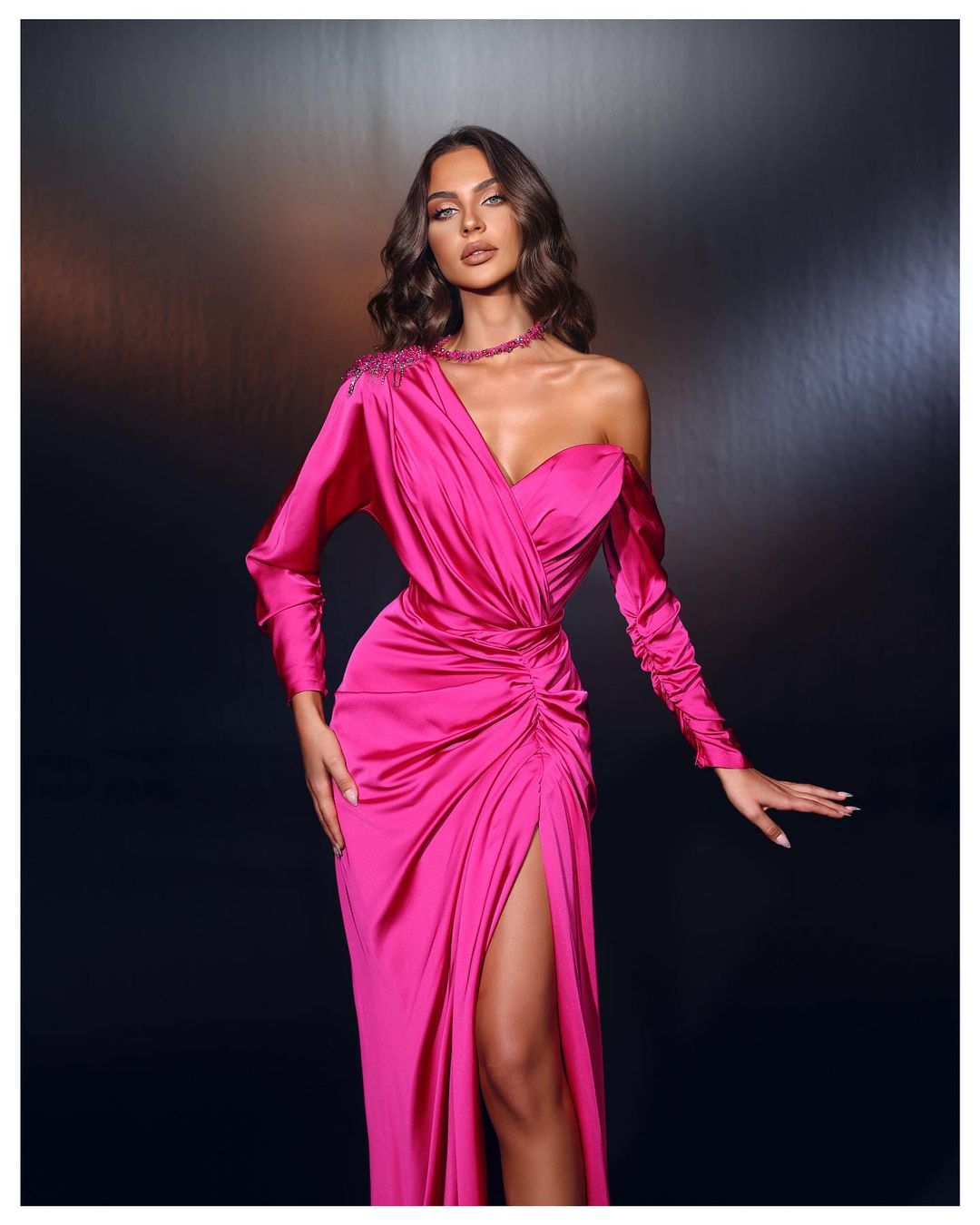 Pink One Shoulder Mermaid Prom Dress Long Sleeves High Slit Pleated YH0088