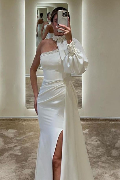 edgynewlook Chic White Satin Long Sleeves High Neck One Shoulder Long Split Prom Dress with Beadings