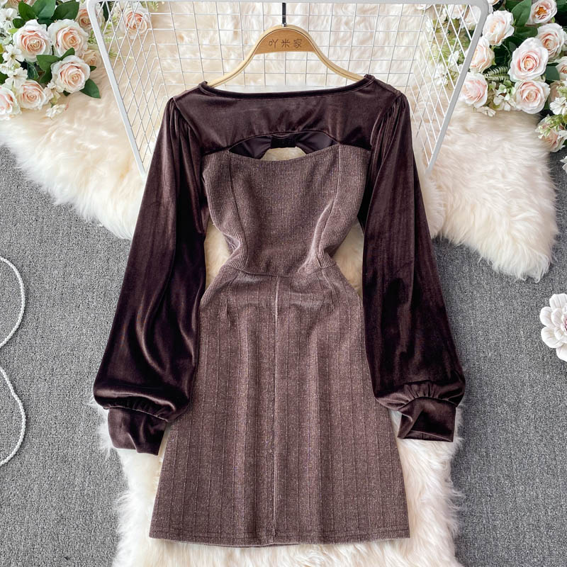 Crew neck velvet stitching long sleeve temperament French Vintage Dress  3722