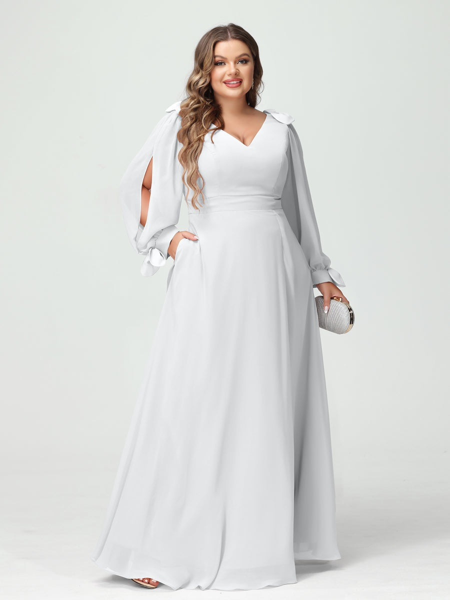 A-Line/Princess V-Neck Long Sleeves Chiffon Split Side Plus Size Bridesmaid Dresses with Pockets