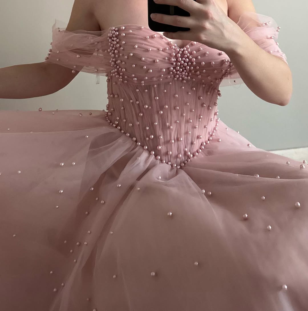 Pink Pearls Beaded Off-The-Shoulder Mesh Sweetheart Prom Dress ZT0328