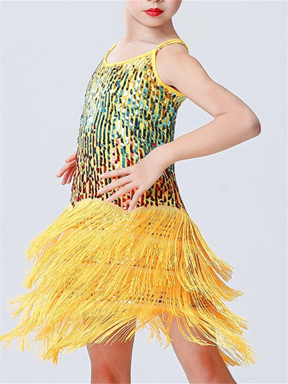 Kids‘ Dancewear Dress Fringed Tassel Pure Color Sleeveless Girls‘ Performance Polyester Sequined