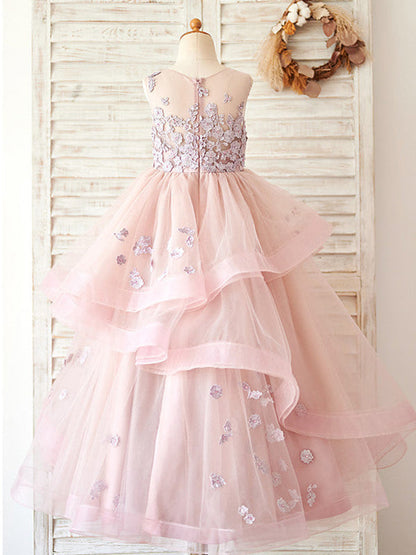 A-line Tulle Floor-length Pink Flower Girl Dress