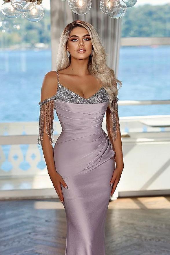 edgynewlook Glamorous Lilac Satin Off the Shoulder Spaghtti Strap Mermaid Prom Dress with Beadings