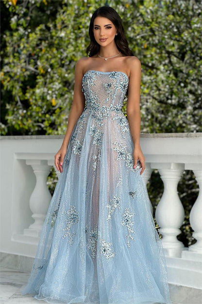 edgynewlook Shinning Tulle Light Blue Sleeveless Strapless Beadings Prom Dress with Applique