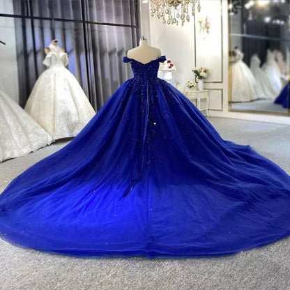 Blue Off Shoulder Lace Applique A-Line Long Ball Gown Evening Gown Bridal Gown Wedding Dress gh3103