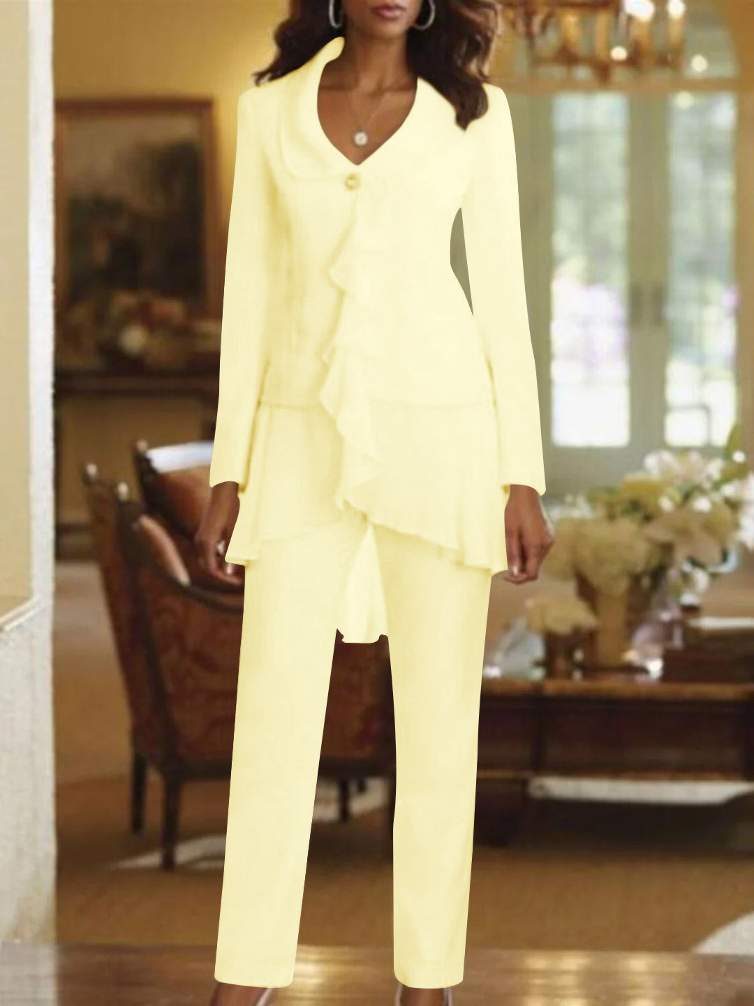 White V-Neck Long Sleeves Floor Length Mother of the Bride Pantsuits With Ruffle