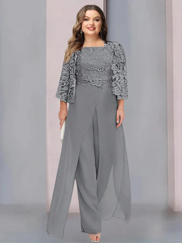 Chiffon Square Neck Floor-Length Plus Size Mother of the Bride Pantsuits with Jacket & Split Side