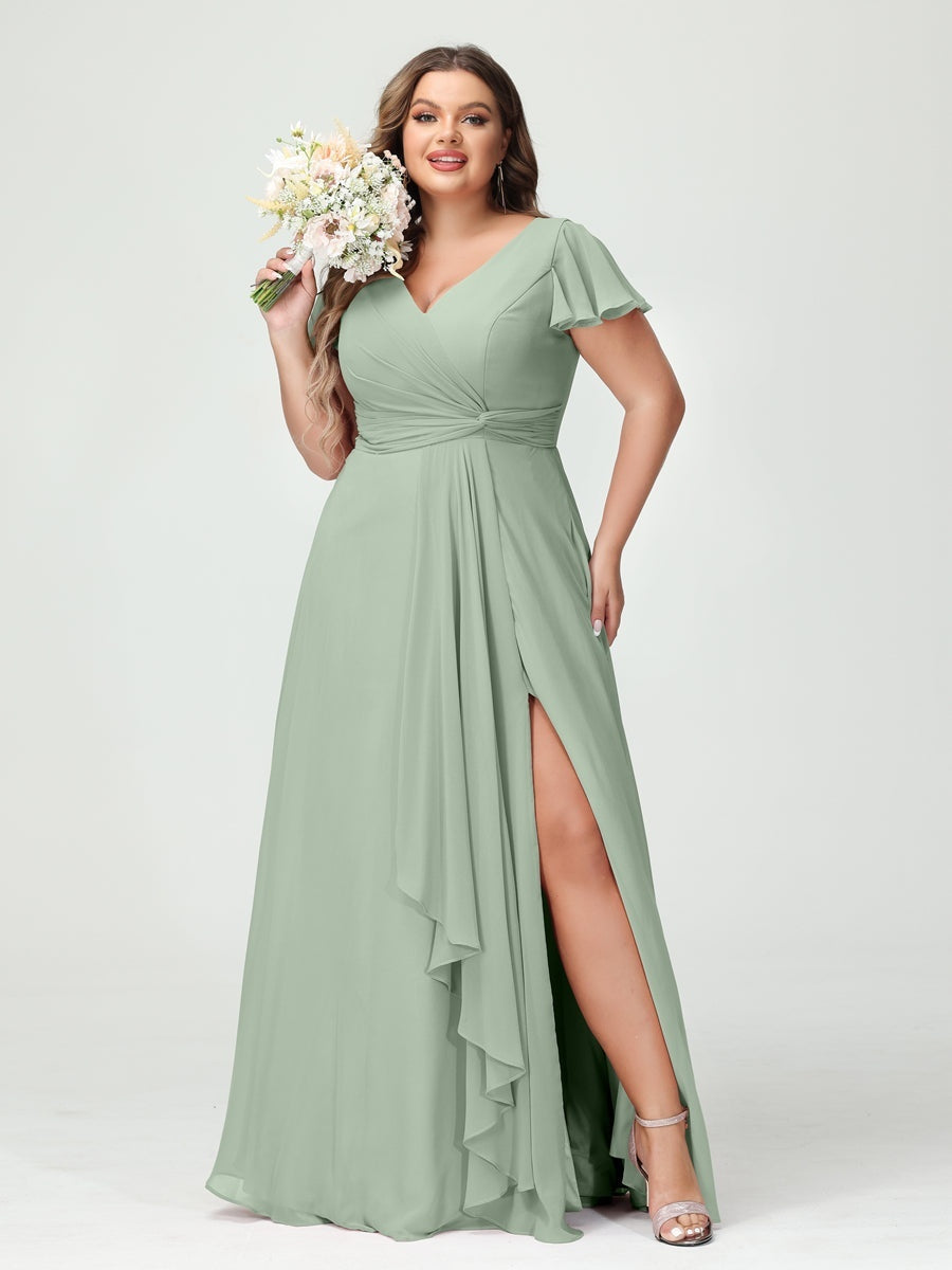 A-Line/Princess V-Neck Short Sleeves Chiffon Ruffles Split Side Plus Size Bridesmaid Dresses with Pockets