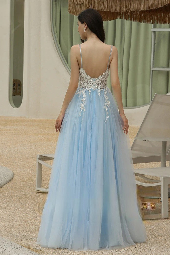 Edgynewlook Sky Blue Spaghetti-Straps Long Prom Dress With V-Neck Sweetheart Appliques