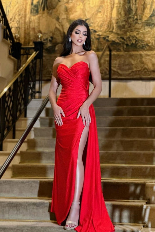 Red Strapless Pleated Sweetheart Prom Dress With Split ZT0100