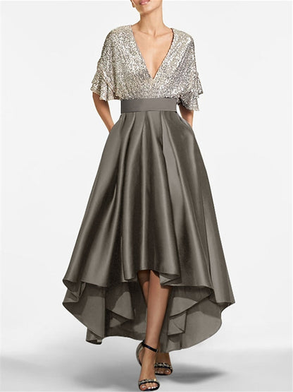 A-Line/Princess V-Neck Half Sleeves Asymmetrical Mother of the Bride Dresses