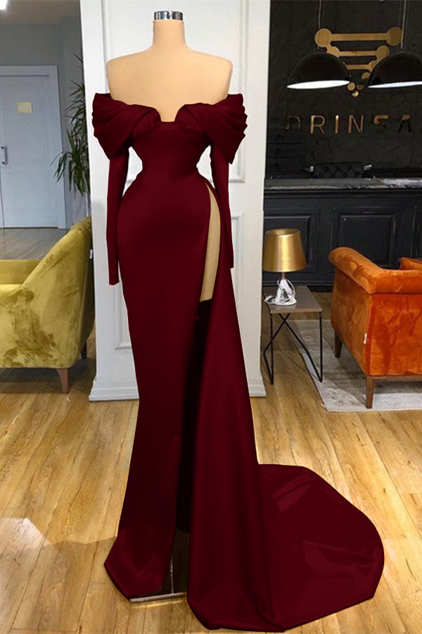 Red Off-The-Shoulder Long Sleeves Prom Dress Split Mermaid ED0024