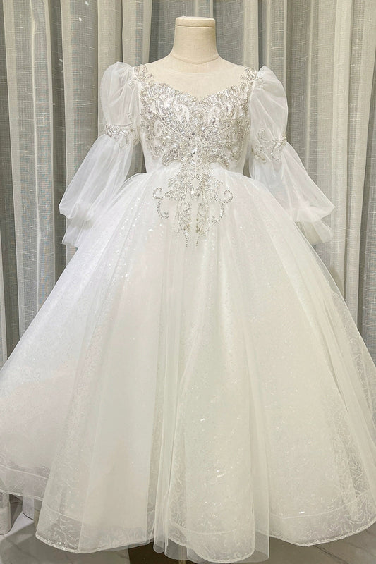 Ball Gown Round Neck Long Sleeves Flower Girl Lace Dress with Crystal Appliques