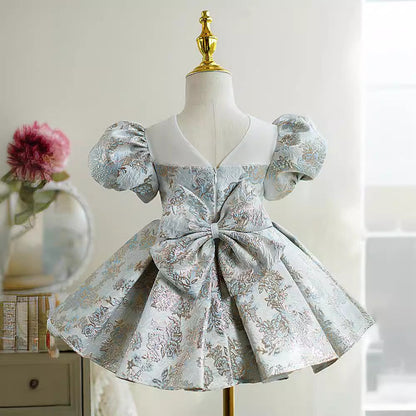 Knee Length Round Neck Short Sleeves Embroidery Baby Girl Party Dress with Bow