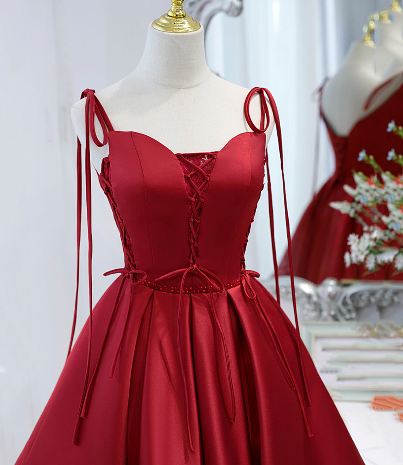 Burgundy satin lace-up short prom dress party dress  10098