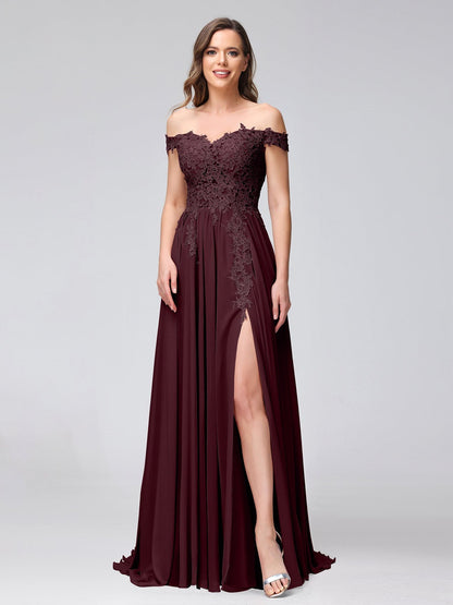 A-Line/Princess Off-the-Shoulder Sleeveless Long Bridesmaid Dresses with Side Slit & Appliqued