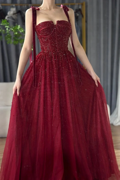 Burgundy Beaded Mesh Charming Prom Dress ZT0327