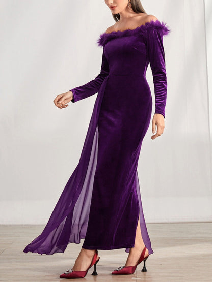 Sheath/Column Off-the-Shoulder Long Sleeves Asymmetrical Mother of the Bride & Groom Dresses with Feather