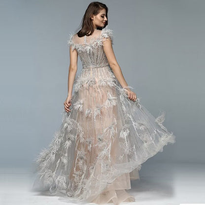 Okdais Feather Sequins Applique Prom Dress A Line Tulle LM0051