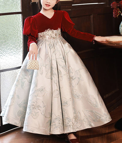 A-Line/Princess V-Neck Long Sleeves Embroidery Girl Party Dress with Appliques