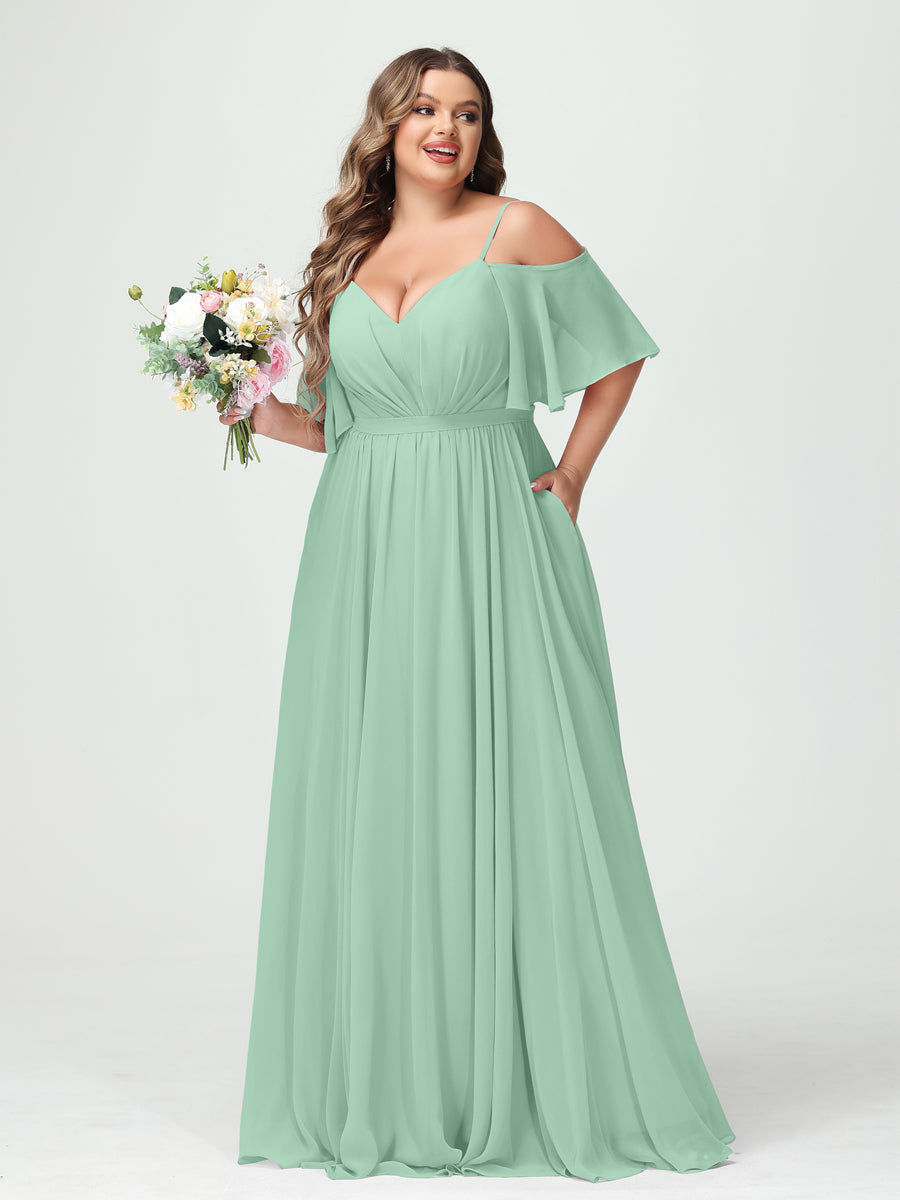 A-Line/Princess/Princess Spaghetti Straps Half Sleeves Chiffon Plus Size Bridesmaid Dresses with Pockets