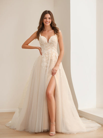 A-Line/Princess Sleeveless Long Wedding Dresses with Appliques & Split Side