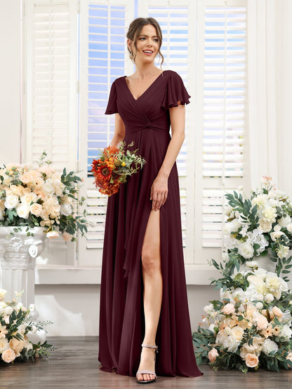 A-Line/Princess V-Neck Short Sleeves Floor-Length Bridesmaid Dresses with Split Side