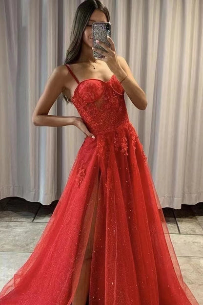 Red Spaghetti-Strap Sweetheart Slit Sequins Prom Dress With Tulle ED0262