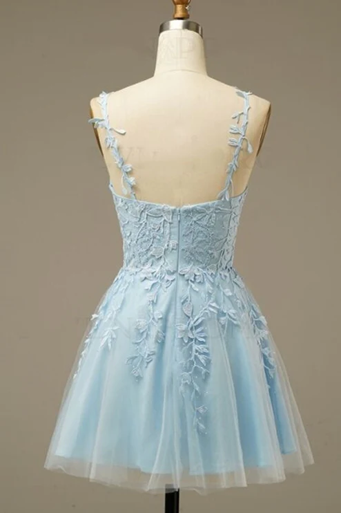 Light Blue Appliques A-line Short Homecoming Dress gh1194