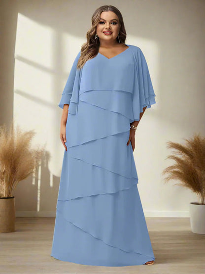 A-Line/Princess V-Neck Half Sleeves Floor-Length Plus Size Mother of the Bride Dresses with Ruffles