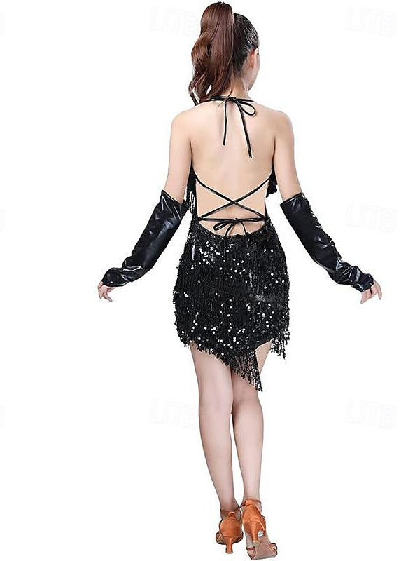 Sequins Tassel Latin Dance Dress for Women's Party Dresses  with Gloves