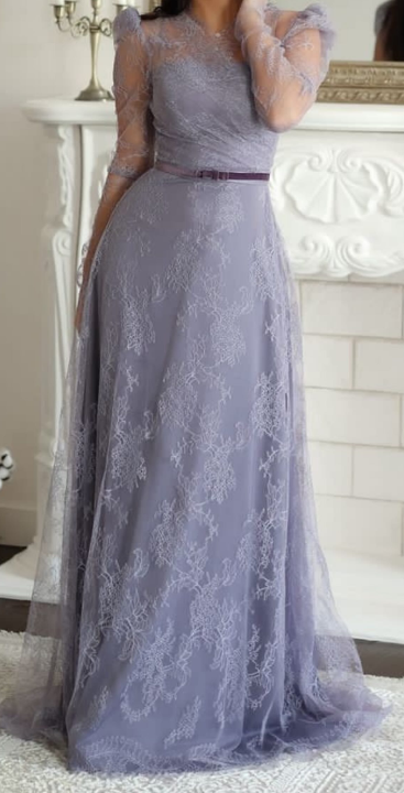 Lilac Lace Mermaid Long Sleeves Prom Dress SO0003