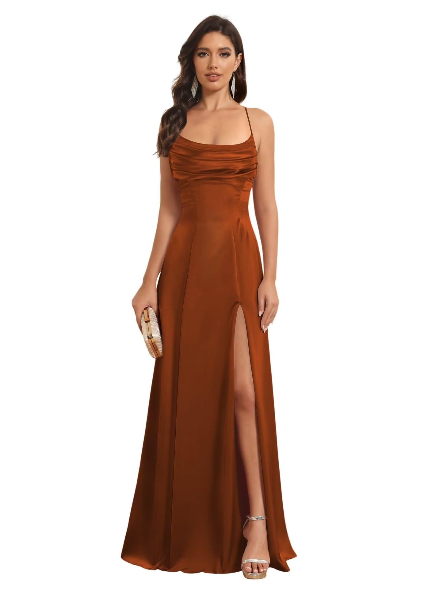 A-Line Spaghetti Straps Sleeveless Floor Length Bridesmaid Dresses Satin With Split Slide